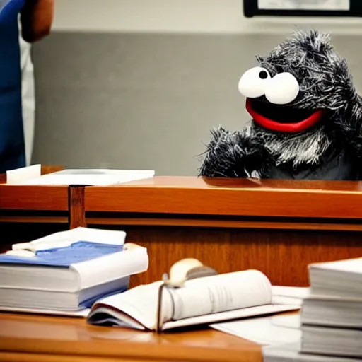 Image similar to “photo of Cookie Monster attorney at law in a courtroom”