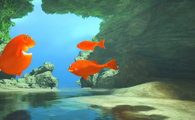 Image similar to a cave lake with some orange fish swimming inside, studio ghibli, pixar style, octane render, unreal engine 5, path traced, highly detailed, high quality, 8 k, soft lighting, godrays, complementary colors, natural lighting, water parallax, serene landscape, beautiful, elegant, digital painting