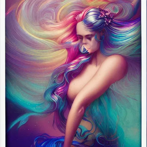 Prompt: woman with flowing iridescent hair, Polaroid candid, by Lisa Frank by Peter Mohrbacher by Artgerm by Ferdinand Knab by Alena Aenami by Dave LaChapelle