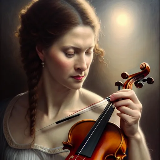 Image similar to closeup portrait photo of a woman playing violin, intricate, elegant, highly detailed, centered, digital painting, artstation, concept art, smooth, sharp focus, illustration, artgerm, tomasz alen kopera, peter mohrbacher, donato giancola, joseph christian leyendecker, wlop, boris vallejo