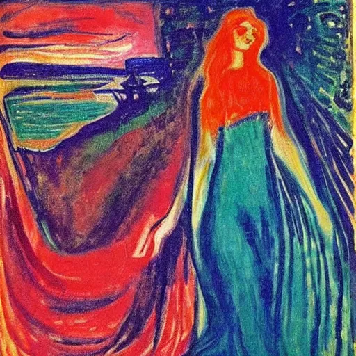 Prompt: queen of the dreamlands, beautiful! coherent! by edvard munch, deep colors, strong lines, high contrast