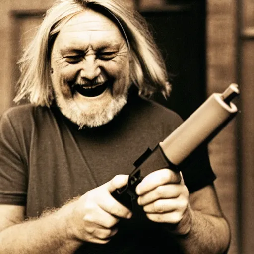 Image similar to robert wyatt laughing maniacally and pointing a gun directly at the camera