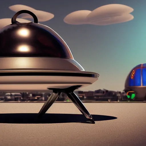 Prompt: retrofuturistic ufo, 3 d render, octane, ray tracing, ultra high detail, photorealistic, high resolution, 8 k