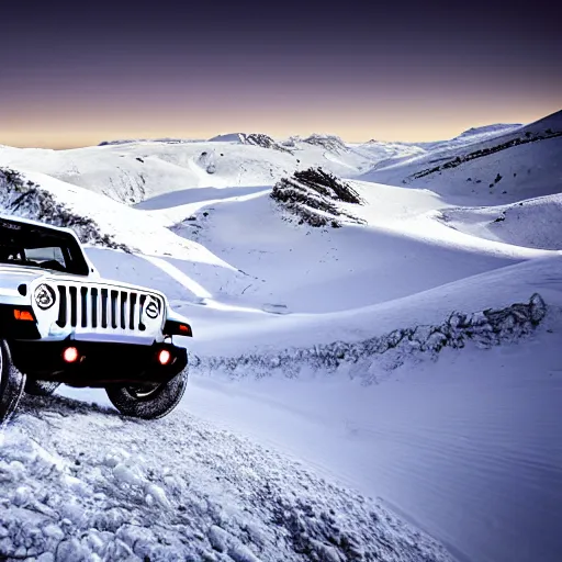 Image similar to white jeep wrangler driving up a steep snowy mountain cornice, high quality digital art, dramatic lighting, cinematic, photo realism