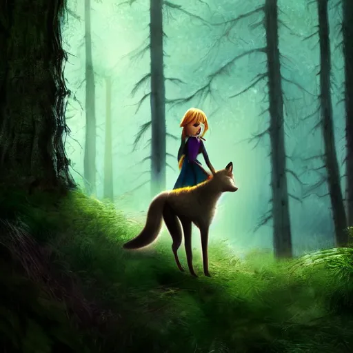 Image similar to medium shot young girl, blond hair green eyes, astride a gray wolf, in a dark forest, mysterious, backlit, beautiful still from a pixar dreamworks movie, trending on artstation