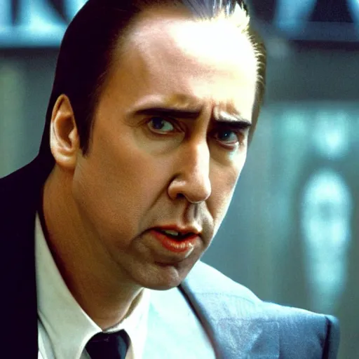 Prompt: nicholas cage as neo from matrix, dodging bullets