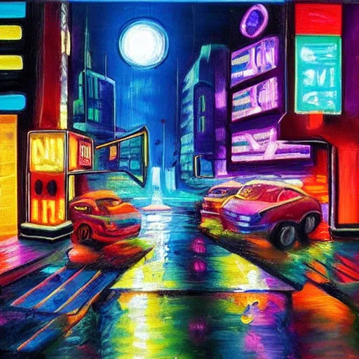 Image similar to neon city with cat realistic painting