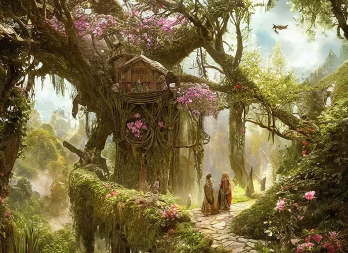 Image similar to female elves with wings of lace in lord of the rings scenery landscape, treehouse, flowers, beautiful day, highly detailed, perfect lighting, perfect composition, 4 k, artgerm, derek zabrocki, greg rutkowski, alphonse mucha