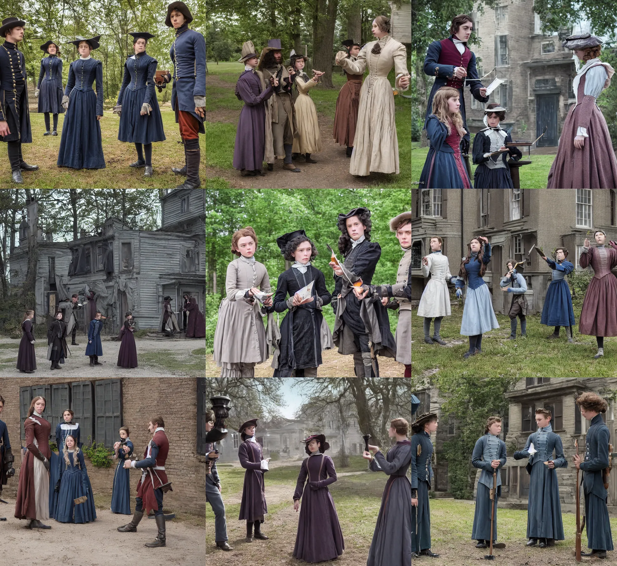 Prompt: sharp, highly detailed, 7 0 mm still from a 2 0 1 9 sci fi color movie, set in 1 8 5 0 in an alternate universe, mid distant shot of three students practicing magic, outside the'school of magic ', 1 8 5 0 s era clothing, cinematic lighting, in focus, detailed faces, sharp lens, live action, award winning lighting, cinematic photography