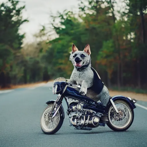 Image similar to blue heeler dog on a motorcycle, 8 k photography, blurred background of a wafflehouse