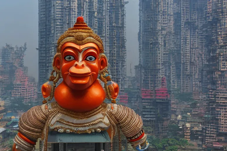 Prompt: high quality 3 d cyberpunk biomorphic hanuman head building in the middle of mumbai!!, beautiful kalighat highly detailed, cinematic smooth, stephen shore & john j. park, soft morning light, wide shot, high angle, uhd 8 k, deep focus