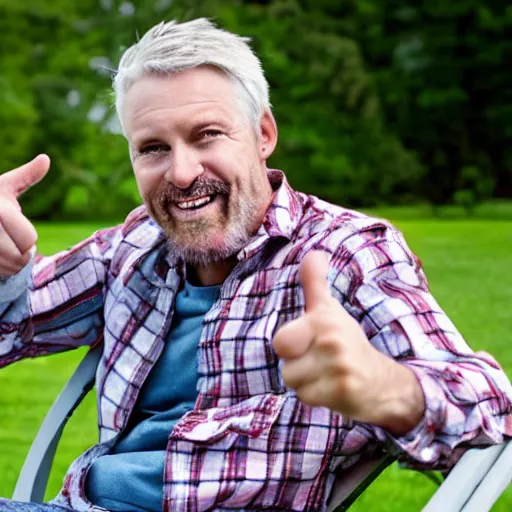 Image similar to man in a lawnchair doing fingerguns