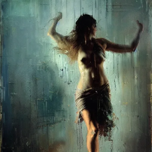 Image similar to full length portrait of a beautiful goddess, dancing in the rain, by Jeremy Mann, detailed, stylized, loose brush strokes, intricate, realistic, exaggerated lighting, sense of scale, free, melancholy