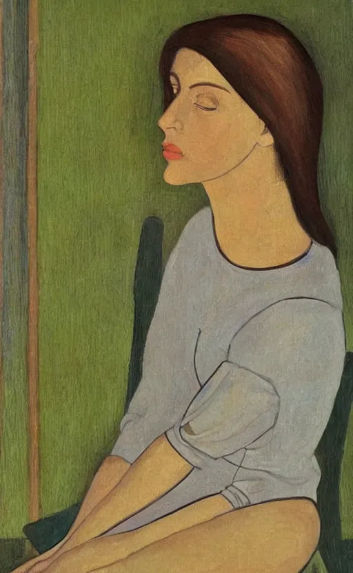 Image similar to a painted portrait of a women, art by felice casorati, aesthetically pleasing and harmonious natural colors, expressionism, fine day, mid shot framing, portrait