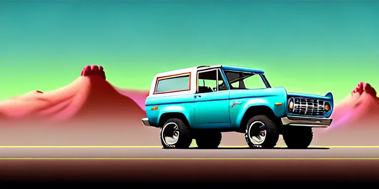 Image similar to a cinematic keyframe matte painting of a sleek 1 9 7 0 s vaporwave concept vehicle retro - futurism sci - fi sky blue 2 0 2 4 ford bronco car in an open garage in the colorado, view from the street. in the moonlight. rocky mountains. by eric lafforgue, glennray tutor and edward hopper, greg rutkowski. trending on artstation.