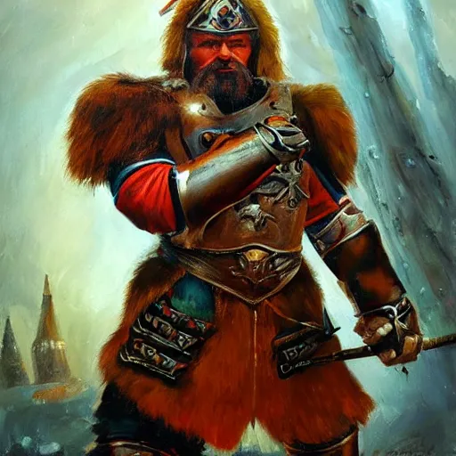 Image similar to a russian warrior who is wearing iron gauntlets in the shape of bear claws in the style of warhammer fantasy : : head and shoulders oil painting