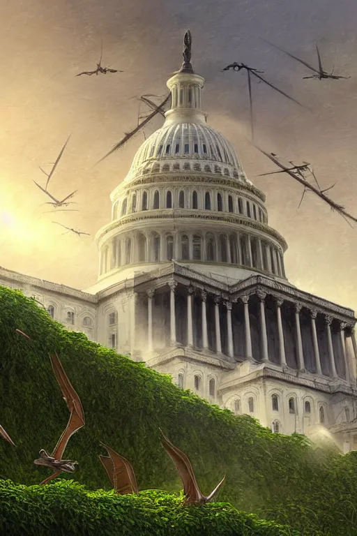 Image similar to an epic landscape view of vines and moss growing on the us capitol building, jungle, with pterosaurs flying, close - up, low angle, wide angle, atmospheric, volumetric lighting, cinematic, very realistic, sharp, highly detailed digital art, painted by tyler edlin