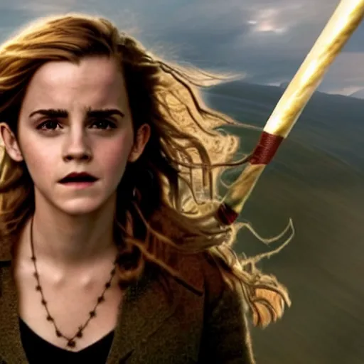 Prompt: Still of Emma Watson as Hermione Granger flying on a Nimbus2000. Prisoner of Azkaban. During golden hour. Extremely detailed. Beautiful. 4K. Award winning.