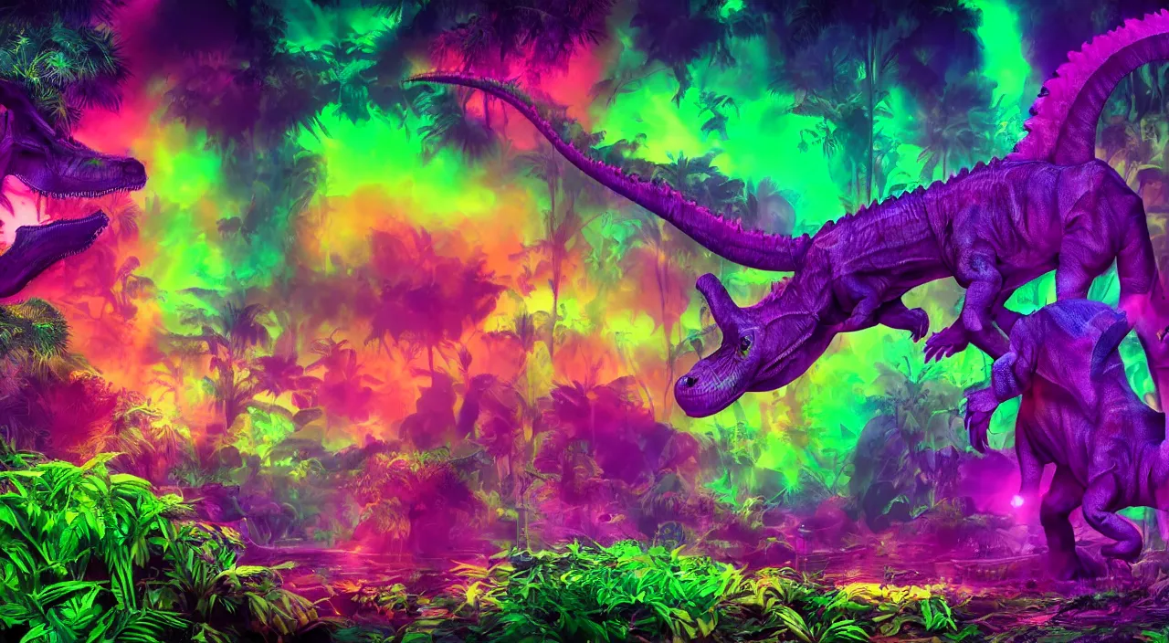 Image similar to spectral purple neon dinosaur, spectral neon pink dinosaur, spectral yellow neon dinosaur, green jungle background, detailed, ultrawide landscape