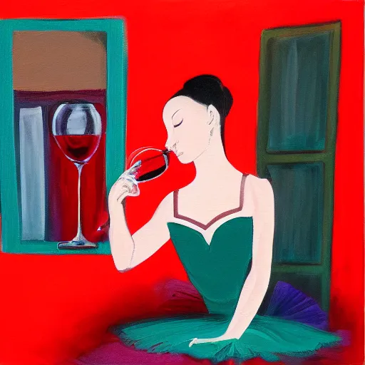 Image similar to painting of a ballerina drinking wine in a teal room, red background