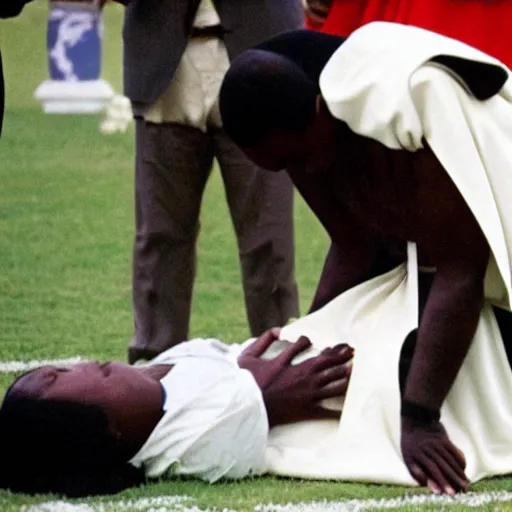 Prompt: John Paul II kneeling on a black person's neck