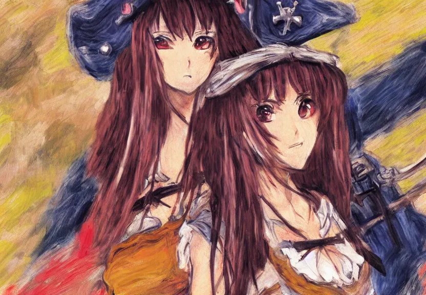 Prompt: wide angle close - up painting of a female pirate, a thrifty uniform, somewhat of an anime in impressionist style, trending artwork, illustrated in anime painter studio, by claude monet and an anime artist, collaboration