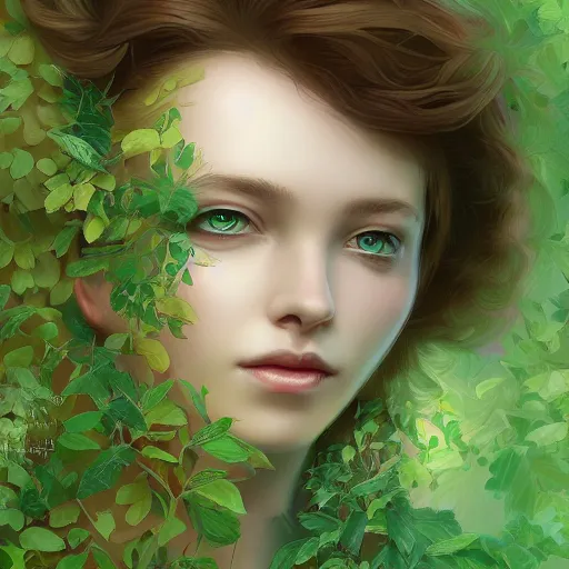 Prompt: a young woman engulfed in green leaves, transcendence, intricacy, elegant, fantasy, highly detailed, digital paining, concept art, artstation, art by Janice Sung