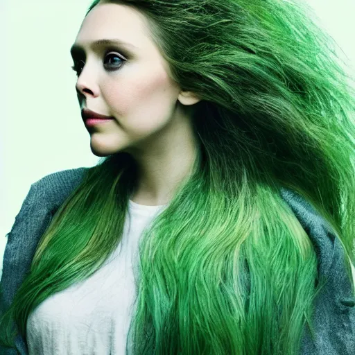 Image similar to elizabeth olsen with broccoli hair, trending on artstation, 4 k quality, intricate
