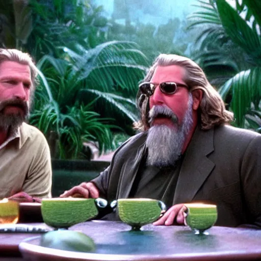 Prompt: a giant frog sitting with the big lebowski, jeff bridges the dude sitting at the table with a giant frog, realistic from the movie the big lebowski by the coen brothers, 8 k