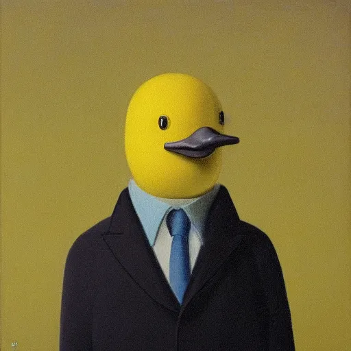 Image similar to portrait of a yellow rubber duck by rene magritte, oil on canvas.