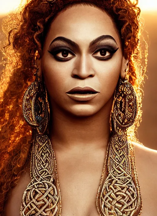 Image similar to photographic portrait of a stunningly beautiful renaissance beyonce with celtic tribal makeup in soft dreamy light at sunset, contemporary fashion shoot, by edward robert hughes, annie leibovitz and steve mccurry, david lazar, jimmy nelsson, breathtaking, 8 k resolution, extremely detailed, beautiful, establishing shot, artistic, hyperrealistic, beautiful face, octane render