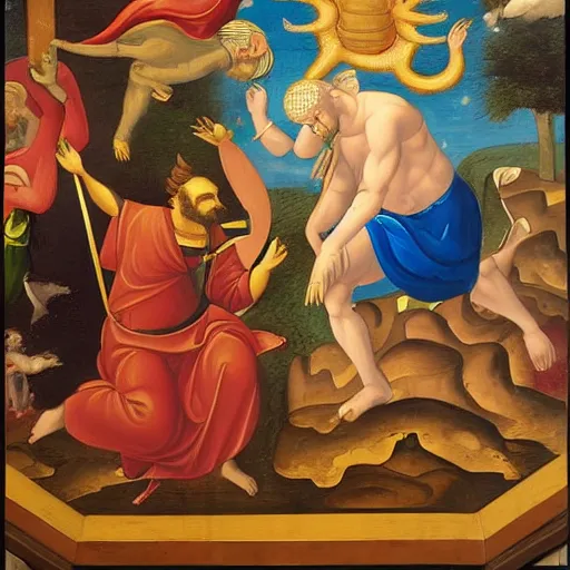 Image similar to masterful religious painting, god fighting the devil