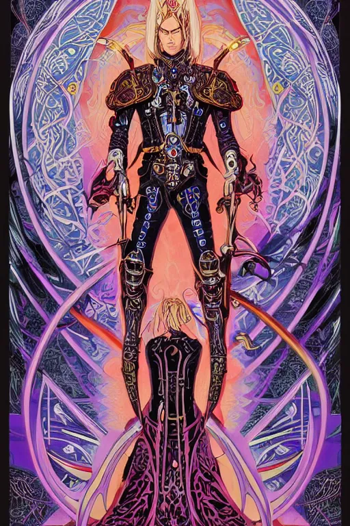 Image similar to a stunning and hypnotic full-color futuristic art nouveau styled action portrait of elric as a godlike and stoic chaos king, with weary and concerned red eyes, extremely detailed aquiline facial structure, art nouveau cybernetic armor and an intricately detailed magical rune-engraved hyperdetailed black sword that glows with ultraviolet eldritch power, perfectly symmetrical albino facial structure and linework, handsome alien facial characteristics, by travis charesyt, michael kaluta, michael whelan and bill sienkiewicz, dark sci-fantasy, deep complexity, male warrior king, sci-fi character concept, photorealism, spectacular framing, minimalist lighting, hyperrealism, 8k