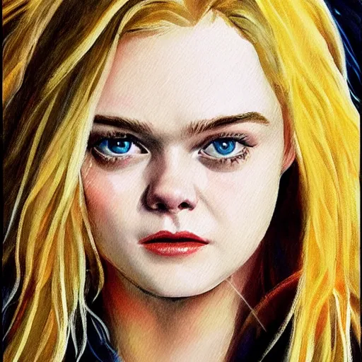 Image similar to professional painting of Elle Fanning in the style of Howard Chaykin, head and shoulders portrait, symmetrical facial features, smooth, sharp focus, illustration, intricate, stormy weather, extremely detailed masterpiece,