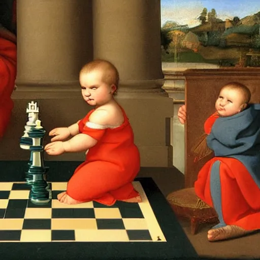 Prompt: baby playing chess by raphael