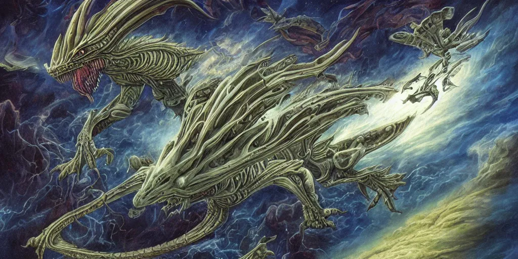 Prompt: an alien dragon flying through space, Dan Seagrave art