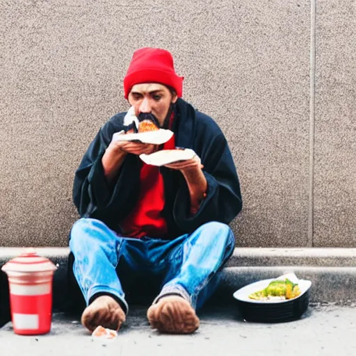 Prompt: homeless person eating sushi, candid photo