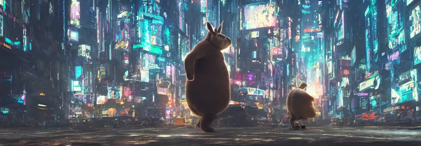 Image similar to photo big chungus roaming in a cyberpunk futuristic city