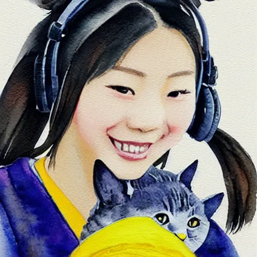 Image similar to cute Chinese young woman with headphones and a yellow backpack in New York, she has a cat, highly detailed watercolor painting