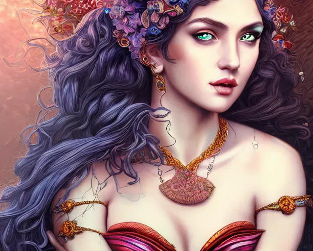 Image similar to portrait of a seductive and powerful aphrodite, detailed intricate illustration, detailed illustration, hd, 4 k, digital art, overdetailed art, complementing colors, trending on artstation, deviantart