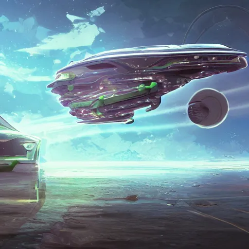 Image similar to solarpunk hovercar, clean energy, green technology, batoidea shape, sunny day, futurism, intricate, engines, glow, highly detailed, peaceful, utopia, bright, digital painting, artstation, concept art, smooth, sharp focus, epic landscape, art by akihiko yoshida and tim mcburnie and anato finnstark