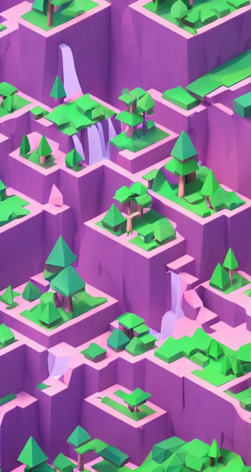 Image similar to a cute little matte low poly isometric cherry blossom forest island, pink waterfalls, mist, lat lighting, soft shadows, trending on artstation, 3d render, monument valley, fez video game,