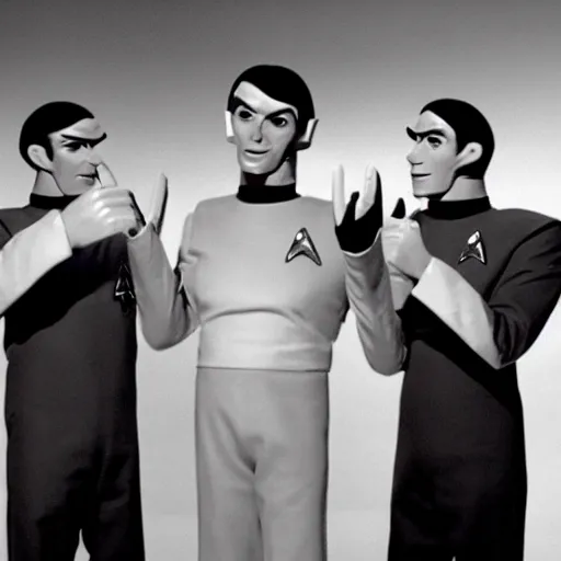 Prompt: anthropomorphic French Fries fighting star trek engineers, still from star trek