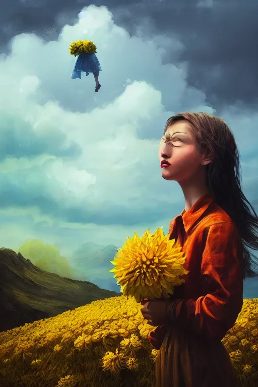 Image similar to closeup girl with huge yellow dahlia flower face, intricate, standing on mountain, surreal photography, blue storm clouds, dramatic light, impressionist painting, digital painting, artstation, simon stalenhag