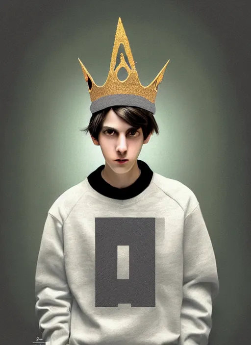 Image similar to portrait of teenage jughead jones wearing a light grey crown, photorealistic, crown, eyes closed, crown, black hair, sweater with letter s on it, letter s, intricate, elegant, glowing lights, highly detailed, digital painting, artstation, concept art, smooth, sharp focus, illustration, art by wlop, mars ravelo and greg rutkowski