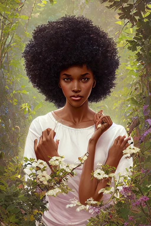 Image similar to ultra realistic illustration, black american girl with flowers blossoming from her afro, body covered in leaves, beautiful, elegant, highly detailed, digital painting, concept art, smooth, sharp focus, illustration, art by artgerm and greg rutkowski and alphonse mucha