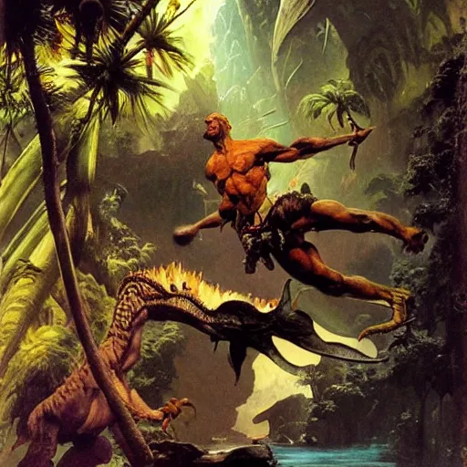 Prompt: an adventurer descends to the hollow earth, action shot, tropical forest, dinosaurs, intense lighting, painting by Frank Frazetta