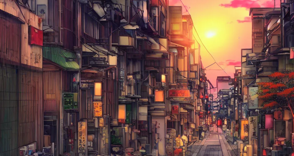 Prompt: Anime visual of peaceful tokyo alleyway from TV Tokyo 2010s anime series; sunset; autumn; 4k HD, sharp, digital still, trending on artstation; official media