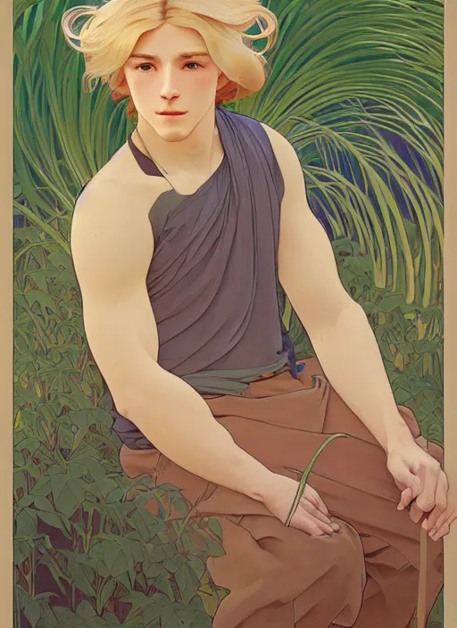 Image similar to pretty young man with shoulder length blond hair, male, half body shot, path traced, highly detailed, high quality, digital painting, by studio ghibli and alphonse mucha, leesha hannigan, hidari, art nouveau, chiho aoshima