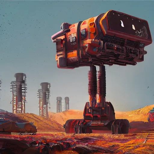 Image similar to giant scary quadrupedal mining machine, four legs, highly detailed body, industrial, in the style of simon stalenhag